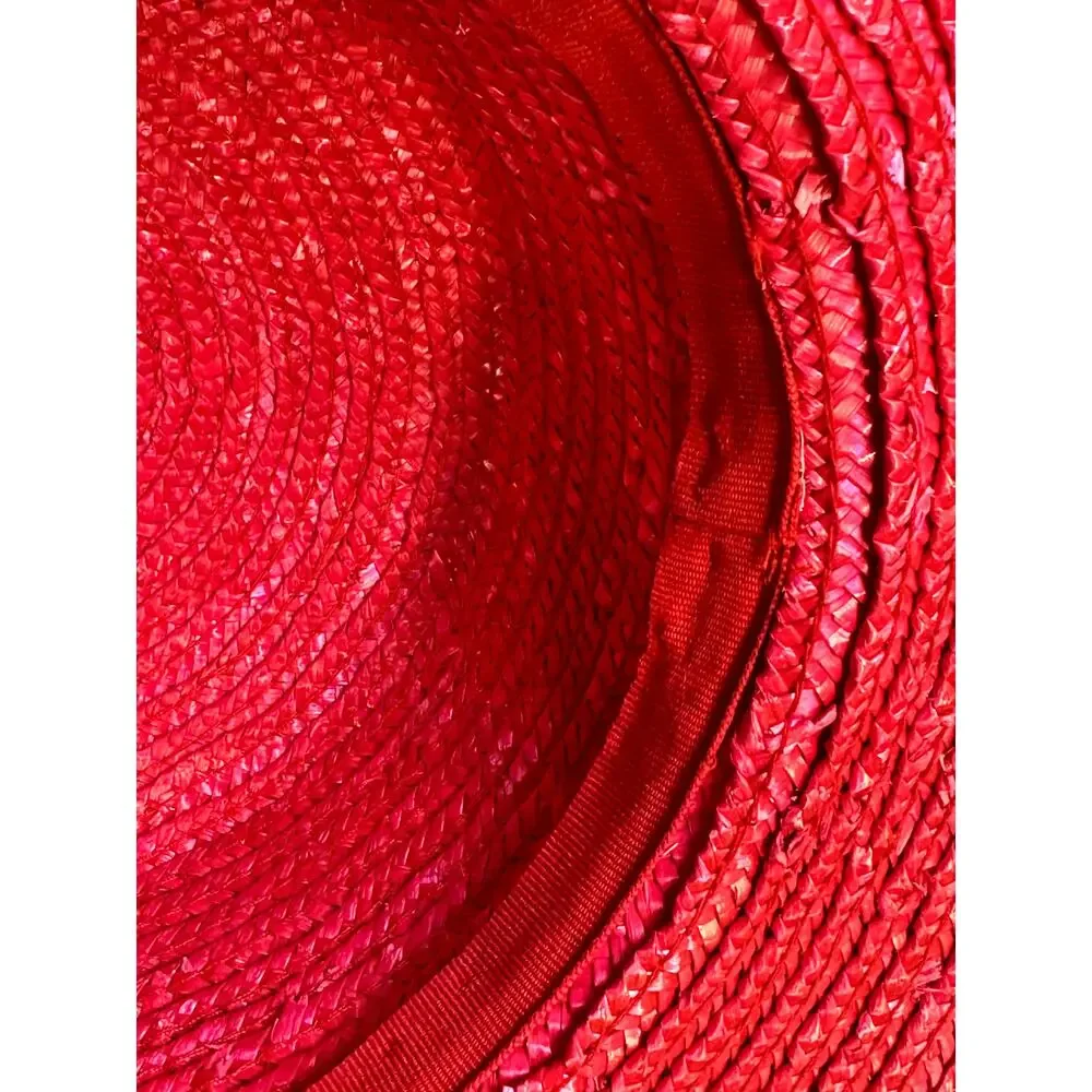 Bright Red Women's Derby Wide Brim Straw Embellished Hat Satin Band Fabric Rose - Picture 8 of 8